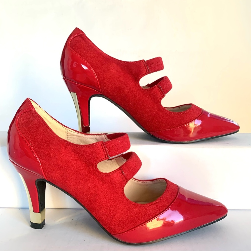 ANDIAMO GEM RED FAUX LEATHER SUEDE 2 STRAP MARYJANE GOLD METAL ACCENT HEELS Sz6